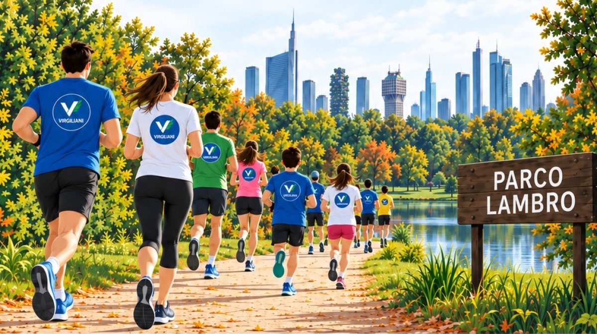 Corridori lungo un viale del Parco Lambro con lo skyline di Milano sullo sfondo